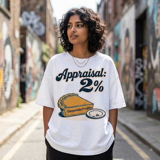 Vintage "Appraisal 2%" Minimalist Pie Unisex Oversize T-Shirt | Funny Salary Pain Graphic Tee