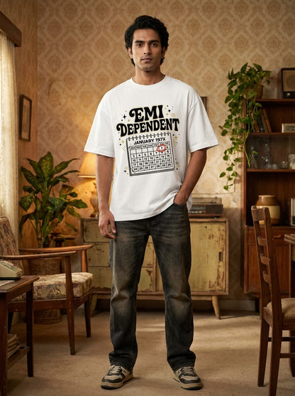 Vintage "EMI Dependent" Calendar Unisex Oversized T-Shirt | Funny Salary Pain & Adulting Graphic Tee