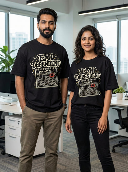 Vintage "EMI Dependent" Calendar Unisex Oversized T-Shirt | Funny Salary Pain & Adulting Graphic Tee